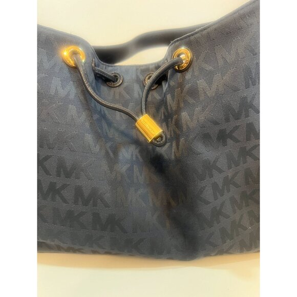Michael Kors MK Jacquard Canvas Leather Large Drawstring Shoulder Tote Bag Purse - Picture 10 of 13